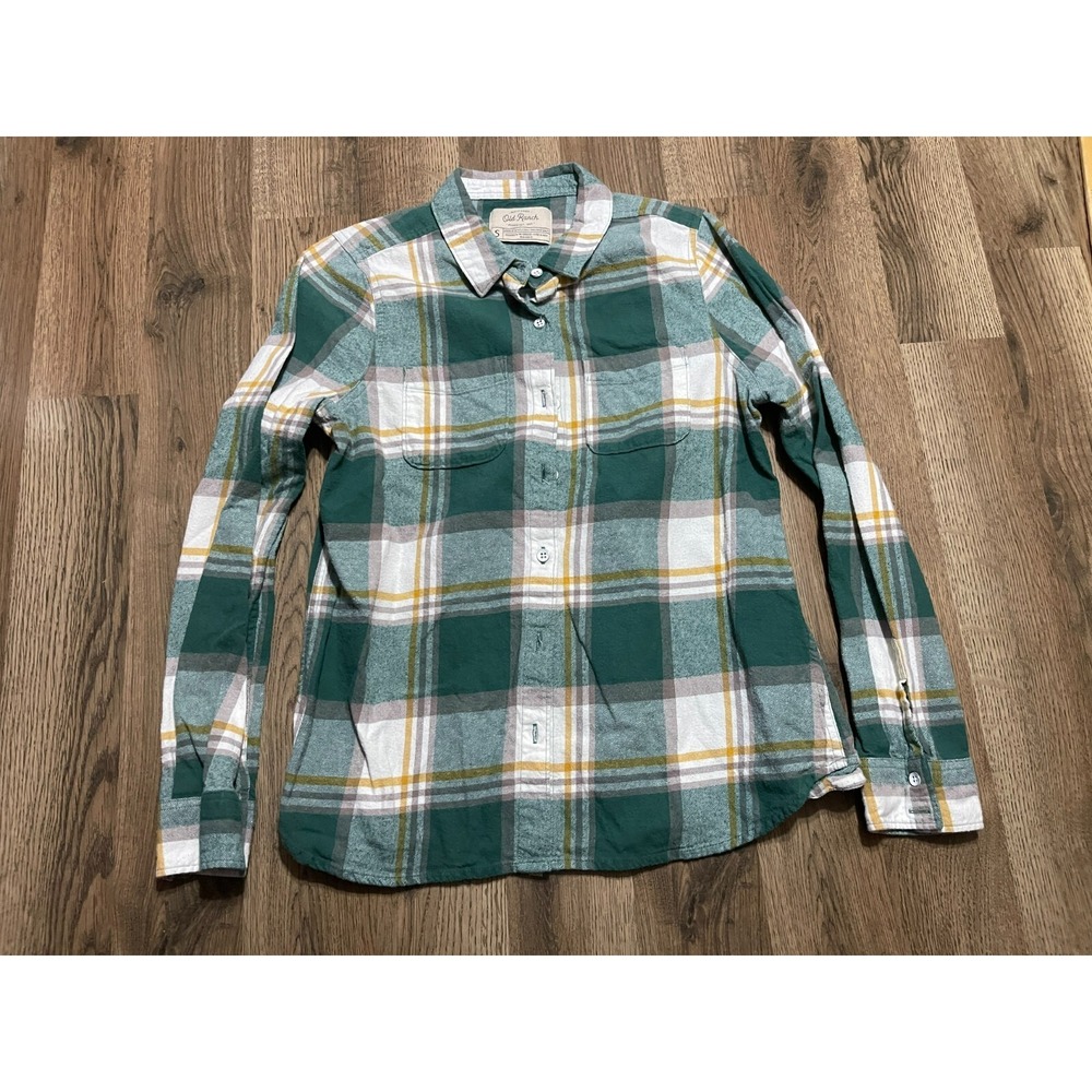 Old Ranch Shirt, Women's Small, Green Yellow White, Plaid, Button Up Long Sleeve